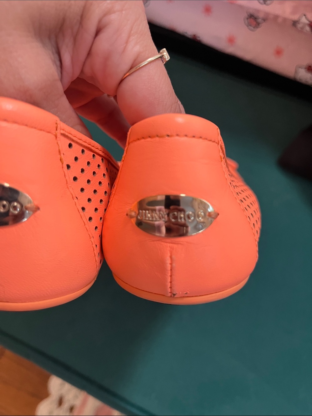 Jimmy Choo Neon Orange Perforated Leather Ballet Flats 37 1/2 - Picture 6 of 11